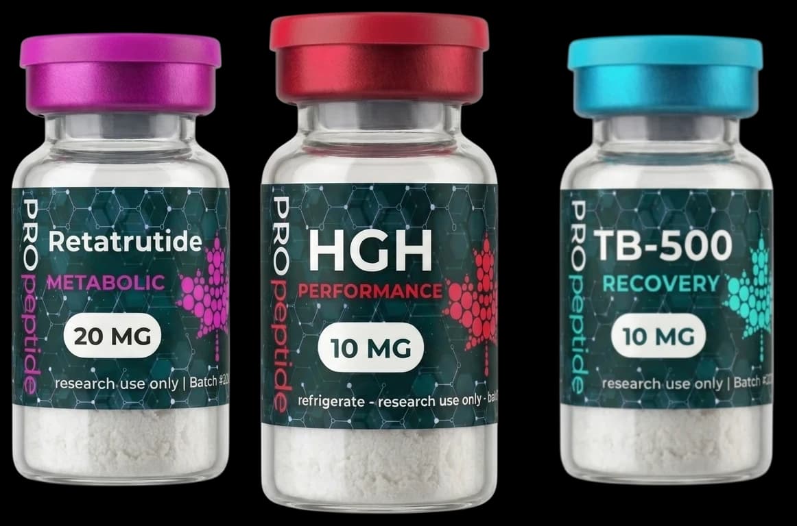 Pro Peptide research vials: Retatrutide, HGH and TB-500